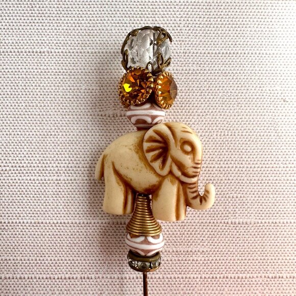 Carved Bone Elephant Hat Pin Amber Rhinestone Accent - Picture 11 of 15